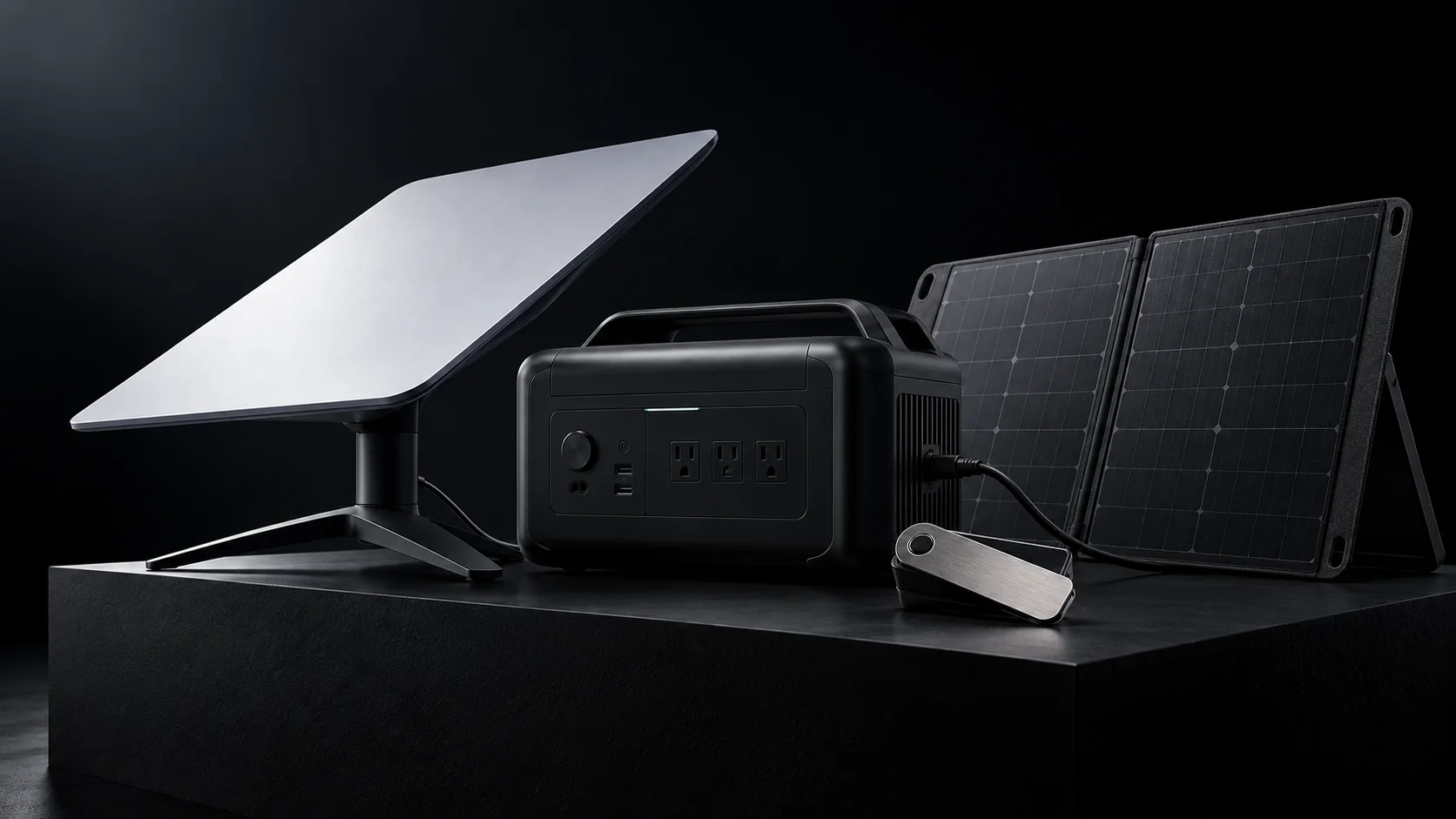 Satellietschotel, draagbare accu, opvouwbaar zonnepaneel en sleutelapparaat voor een digitale reserve, samen in één draagbare set
